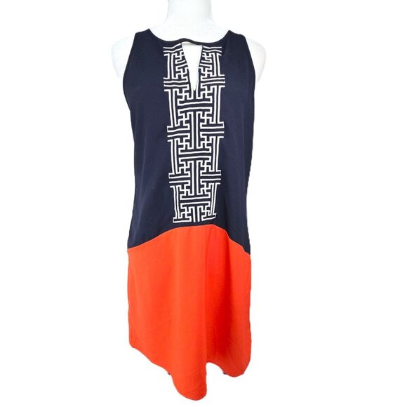 THML Abriana Colorblock Embroidered  Black Orange Sleeveless Shift Dress - Picture 2 of 7